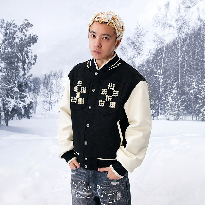 YADcrew丨"Pearl Shine" Checkerboard Pearl Slogan Padded Baseball Jacket - PSYLOS 1, YADcrew丨"Pearl Shine" Checkerboard Pearl Slogan Padded Baseball Jacket, Jacket, YADcrew•JAPAN, PSYLOS 1
